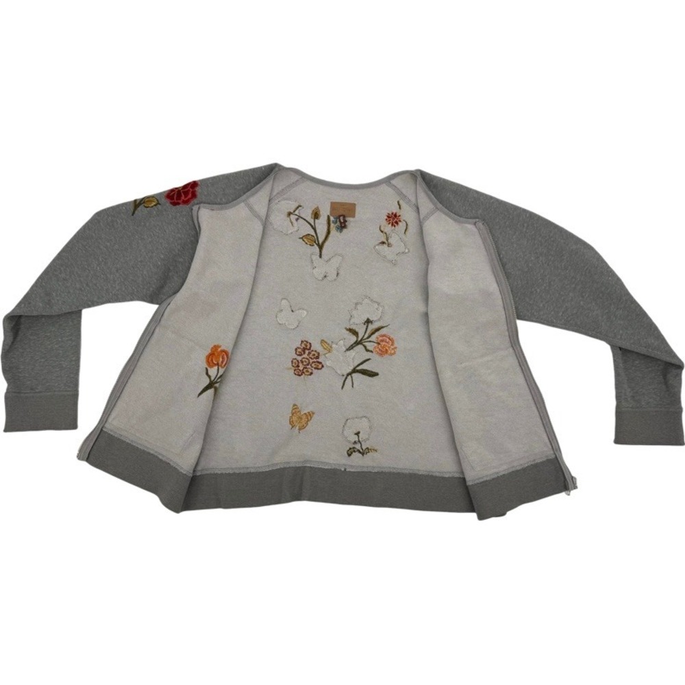 DRIFTWOOD Small Zip Up Hoodie Heathered Gray Floral Butterfly Embroidered Teddy - Picture 10 of 15